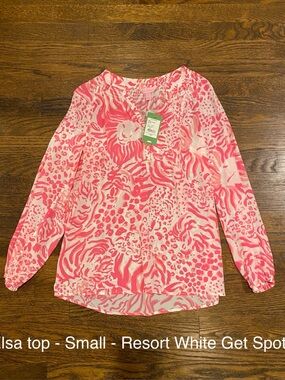 Lilly Pulitzer Elsa Silk Top in Resort White Get Spotted Pink/White Small NWT